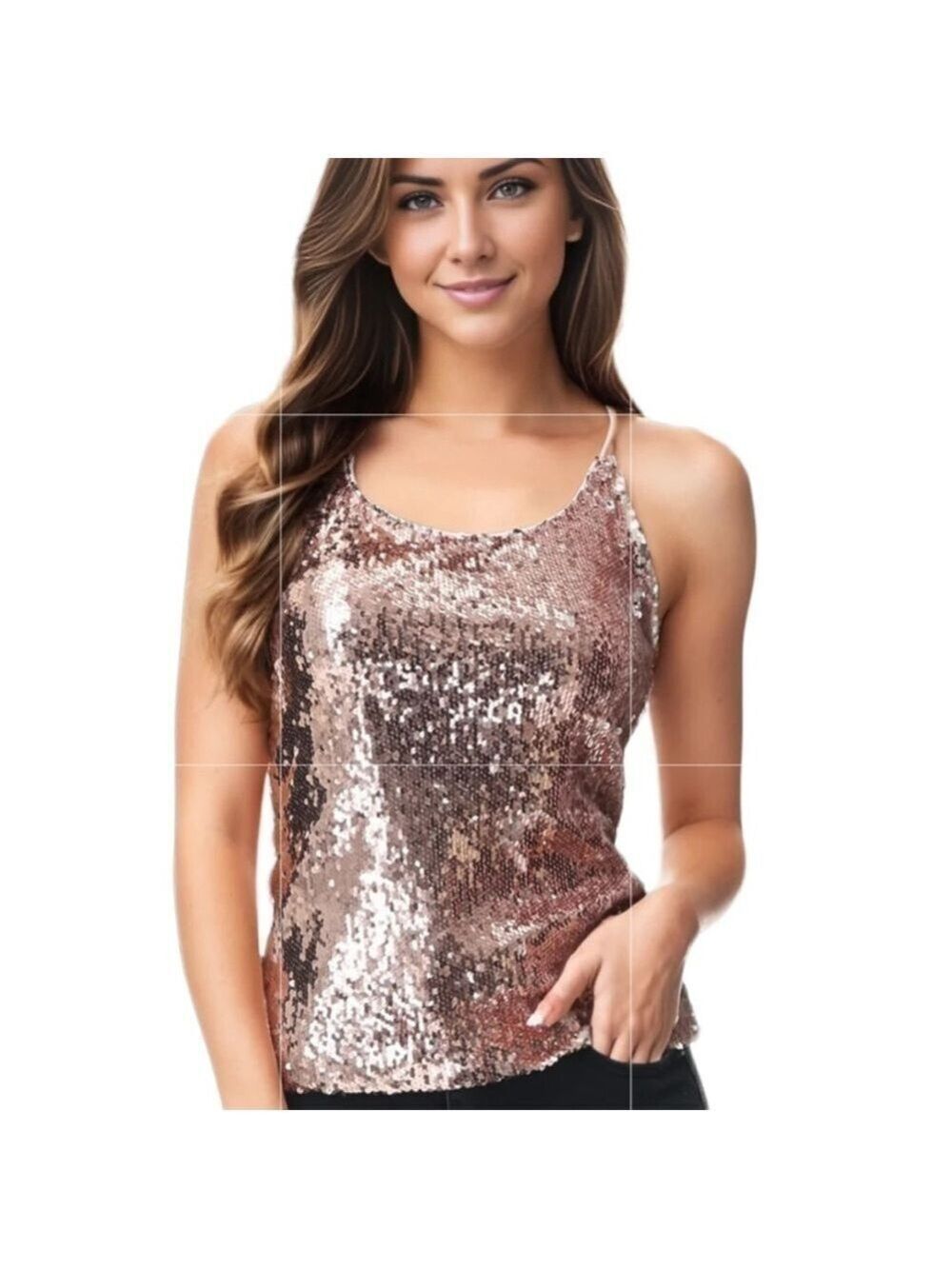 Anna Kaci Shimmering Sequined Rose Gold Spaghetti Strap Racerback Tank XXL